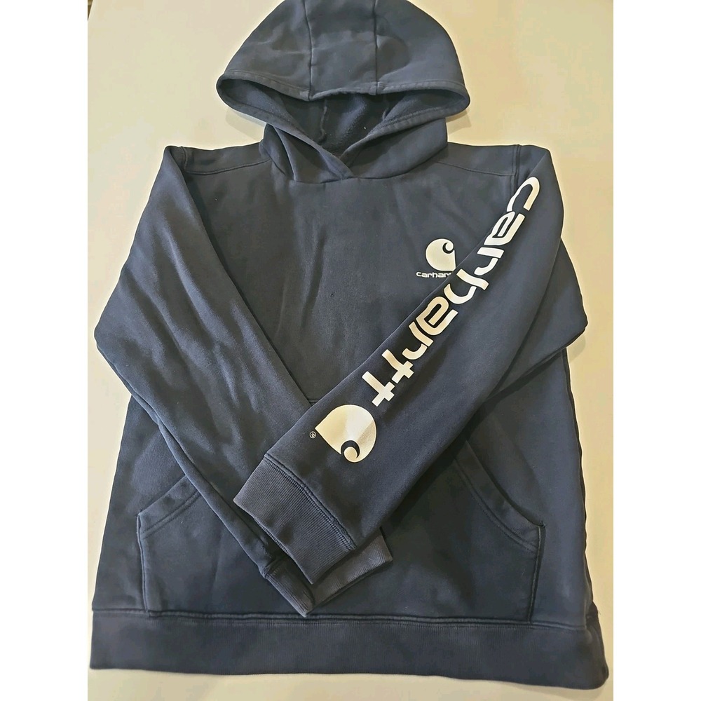 Carhartt Navy Hooded Pullover Sweatshirt Logo Sleeve Hoodie 21x22 EUC